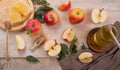 Jewish holiday Rosh Hashana background with apples and honey on blackboard. View from above. Flat lay Royalty Free Stock Photo