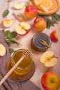 Jewish holiday Rosh Hashana background with apples and honey on blackboard. View from above. Flat lay Royalty Free Stock Photo