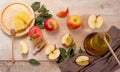 Jewish holiday Rosh Hashana background with apples and honey on blackboard. View from above. Flat lay Royalty Free Stock Photo