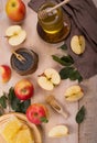 Jewish holiday Rosh Hashana background with apples and honey on blackboard. View from above. Flat lay Royalty Free Stock Photo