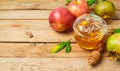 Jewish holiday Rosh Hashana background with honey jar, apple and pomegranate Royalty Free Stock Photo