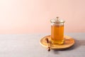 Jewish holiday Rosh Hashana background with honey jar. Modern still life composition