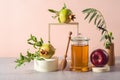 Jewish holiday Rosh Hashana background with honey, pomegranate and red apples. Modern still life composition