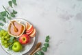 Jewish holiday Rosh Hashana concept with honey, apple and grapes on bright background. Top view, flat lay Royalty Free Stock Photo