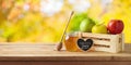 Jewish holiday Rosh Hashana concept with honey jar and apples on wooden table over nature bokeh background Royalty Free Stock Photo