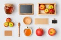 Jewish holiday Rosh Hashana mock up template with honey jar,apples and chalkboard. View from above. Flat lay