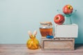 Jewish holiday Rosh Hashana still life with honey, apples and chocolate