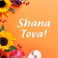 Jewish holiday Rosh Hashanah greeting card with text Shana Tova, apples, honey and flowers, square frame