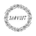 Jewish Holiday Shavuot Card. Wreath Green Bay Leaf, Hand Written Text. Round Wreath of Malt with Space for Text Template. Realisti