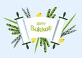 Jewish holiday Sukkot. torah with Lulav, ,Etrog, Arava and Hadas. Royalty Free Stock Photo