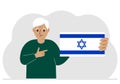 A Jewish man holds an Israeli flag. Vector