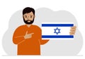 A Jewish man holds an Israeli flag. Vector