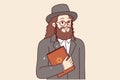 Jewish man with long hair and beard holds torah book with star of david on cover
