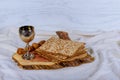 A Jewish Matzah bread with wine. Passover holiday concept