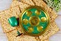 Jewish matzah, kiddush and seder with text in hebrew egg, bone, herbs, karpas, chazeret and charoset. Passover concept Royalty Free Stock Photo