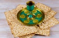 Jewish matzah, kiddush and seder with text in hebrew egg, bone, herbs, karpas, chazeret and charoset. Passover concept Royalty Free Stock Photo