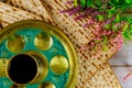 Jewish matzah, kiddush and seder with text in hebrew egg, bone, herbs, karpas, chazeret and charoset. Passover concept Royalty Free Stock Photo