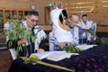 Jewish men praying in synagogue on the Jewish holiday festival o