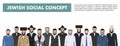 Family and social concept. Group adults jewish men standing together in different traditional clothes in flat style. Israel people