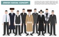 Family and social concept. Group senior jewish men standing together in different traditional clothes in flat style. Old