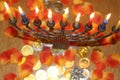 Jewish menorah with lighted candles and chocolate coins Hanukkah and Judaic holiday symbol Royalty Free Stock Photo