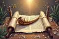 Jewish new year celebration: shofar, torah scrolls, and musical notes under radiant light Royalty Free Stock Photo