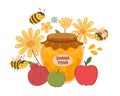 Jewish New Year festival, Rosh hashanah. Happy shana tova, flying bee. Holiday symbols honey, apple and pomegranate