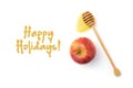 Jewish New Year holiday greeting card design with apple and honey wooden stick Royalty Free Stock Photo