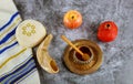 A jewish new year with honey for the apple and pomegranate holiday of Rosh Ha Shana Royalty Free Stock Photo