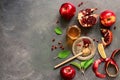 Jewish New Year - Rosh Hashanah. Apples, pomegranate and honey on a dark rustic background. Traditional Jewish food. Top view,