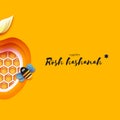 Jewish New Year, Rosh Hashanah Greeting card. Apple shape with honey gold cell and honey bee in paper cut style. Origami Royalty Free Stock Photo