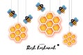 Jewish New Year, Rosh Hashanah Greeting card. Origami Hexagon Honey gold cell and Honey Bee in paper cut style. Happy