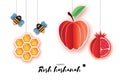 Jewish New Year, Rosh Hashanah Greeting card. Origami Red Apple with and pomegranate, Honeycomb and Honey Bee in paper