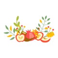 Jewish New Year Symbolic Composition with Apple, Pomegranate and Floral Elements Vector Illustration