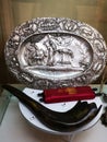 Jewish objects of worship - shofar, decorative plate from silver and small Torah scroll