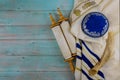Jewish Orthodox religious symbols prayer book with torah scroll and shofar horn, prayer shawl tallit Royalty Free Stock Photo