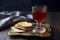 Jewish Pesach Passover celebration with wine and matzo on the wooden background. Generative AI illustration