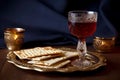 Jewish Pesach Passover celebration with wine and matzo on the wooden background. Generative AI illustration