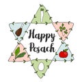 Jewish Pesach Passover greeting card with seder doodle icons and jewish star,