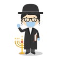 Jewish Rabbi cartoon character from Israel dressed in the traditional way and with surgical mask and latex gloves