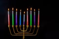 Jewish religion holiday Hanukkah of hanukkiah menorah on nine candles