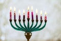 Jewish Religion holiday symbol for Hanukkah it Hanukkiah Menorah with burn a candles
