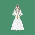 Jewish religious girl in a wedding dress. Bride with ketubah hands. Vector illustration