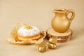 Jewish religious holiday Hanukkah with donut, wooden dreidel, oil jug, candles. Golden baner Royalty Free Stock Photo