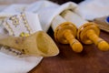 Jewish religious symbols with shofar tallit prayer book of torah scrolls a pointer Royalty Free Stock Photo