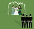 Jewish religious wedding. Chuppah. Groom lead to the bride. Vector illustration