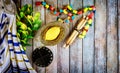 Jewish ritual festival of Sukkot in the jewish religious symbol Etrog, lulav, hadas, arava tallit praying book kippah and shofar Royalty Free Stock Photo