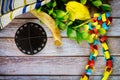 Jewish ritual festival of Sukkot in the jewish religious symbol Etrog, lulav, hadas, arava tallit praying book kippah and shofar Royalty Free Stock Photo