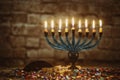 Jewish ritual holiday Hanukkah menorah traditional burning candles Royalty Free Stock Photo