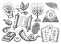 Jewish set. Religion concept sketch vector illustration. Torah scroll, Menorah, Shofar, Tablets with commandments